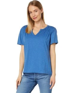 L.L.Bean Organic Cotton Smocked Notch Neck Tee Short Sleeve