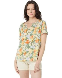 L.L.Bean Organic Cotton Smocked Notch Neck Tee Short Sleeve Print